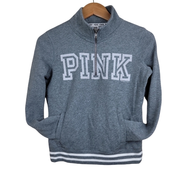Victoria Secret PINK Grey Iconic Logo Pullover Quarter Zip Sweater Size XS - Picture 1 of 9